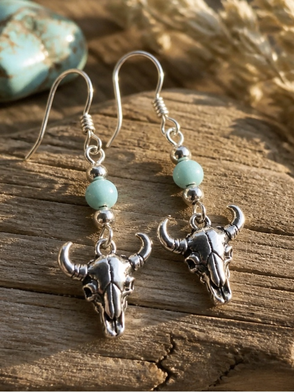 Sterling Silver Bull Skull Drop Earrings with Mint Bead